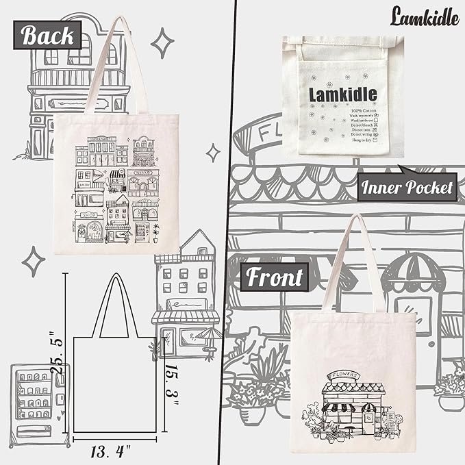 Aesthetic Tote Bag Vintage Street House Building Tote Bag Cute Cotton Canvas Bag for Women Gift Bag Reusable Grocery Bag Shopping Beach Shoulder Bag