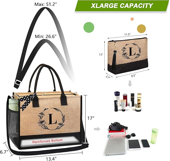 BeeGreen Embroidery Monogram Initial Tote Bag for Women Teacher Mom Friend Personalized Gift for Birthday Beach Work Wedding