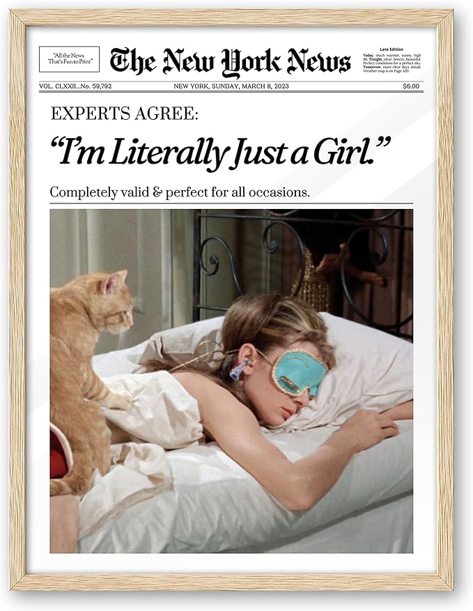 EcoHest Trendy Newspaper Audrey Hepburn Magazine Framed Wall Art, 12x16 in OAK Wood I‘m Literally Just a Girl Canvas Wall Art Home Decor, Beige Retro Set of 1 For Bedroom Living Room