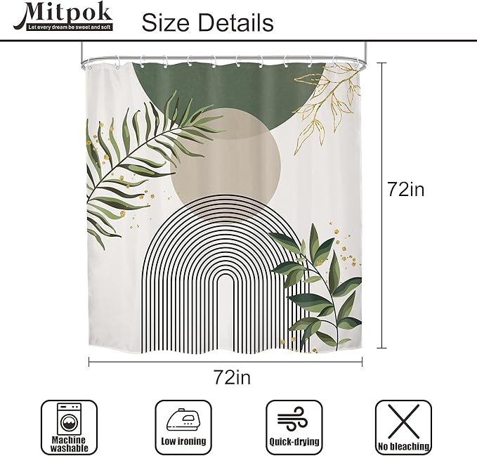 4 PCS Green Boho 72Wx72H Shower Curtain Set Abstract Gold Grey Modern Minimalist Bath Rug Toilet Lid Cover Nonslip U Shape Mat Quick Dry Rubber Backed Dirt Resistant Accessories Bathroom Decor