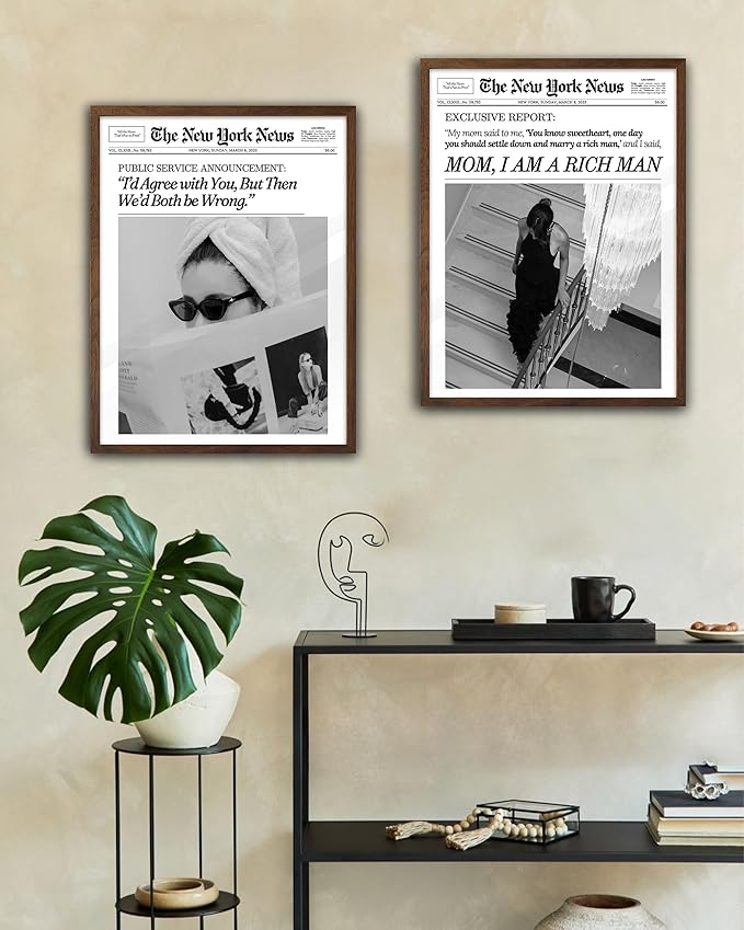 EcoHest Trendy Newspaper Framed Wall Art, Walnut Color 12x16 in OAK Wood Mom I Am a Rich Man Canvas Art, Magazine Girly Poster College Dorm Decor, Set of 1 for Bedroom Living Room