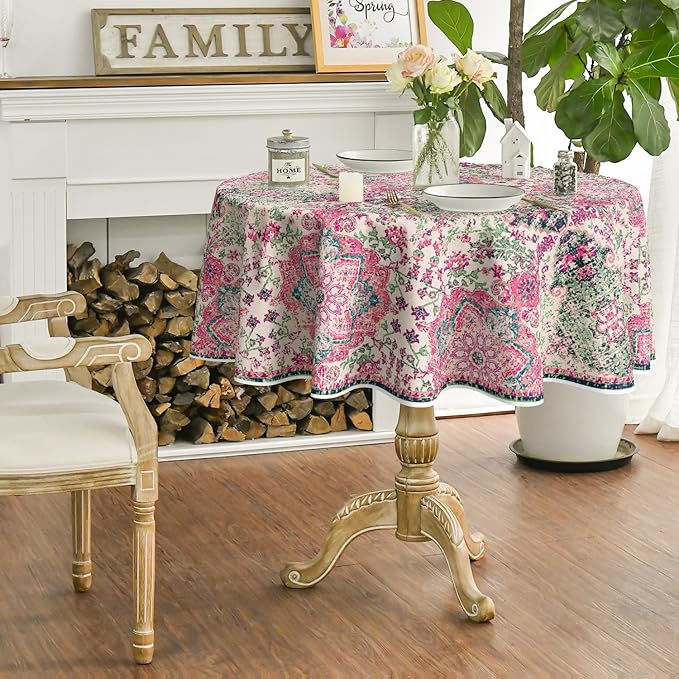 Horaldaily Boho Bohemia Style Tablecloth 70×70 Inch Round, Pink Vintage Country Rustic Farmhouse Magical Fall Orange Washable Seasonal Table Cover for Party Picnic Dinner Decor