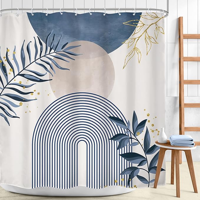 Blue Boho Shower Curtain 72Wx72H Modern Bohemian Abstract Leaves Plant Botanical Grey Mid Century Minimalist Arch Bathroom Decor Geometric Neutral Bath Curtain Fabric Polyester 12 Pack Hook