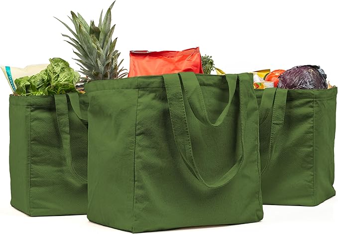 VeraMia Canvas Grocery Bag 3pc XL Set with Real Pockets, Long Shoulder Strap and Short Handle. Heavy Duty, Foldable, Washable