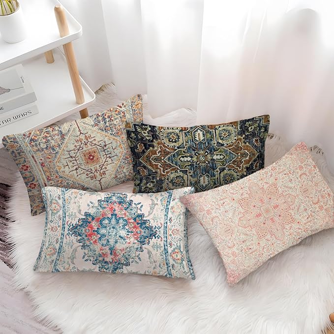 Boho Throw Pillow Covers 12x20 inch Set of 2,Boho Vintage Carpet Pattern Antique Ethnic Decor Double Sided Pattern Cushion Cover Soft Pillow Case Living Sofa Room Bed Square Pillow Cover