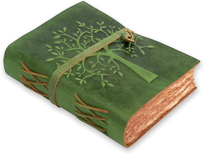 LEATHER VILLAGE Tree of Life Journal - 6 X 4 (A6) inches - Green - 200 Antique Deckle Edge Handmade Paper – Book of Shadows - Vintage Leather Bound Journal for Women & Men