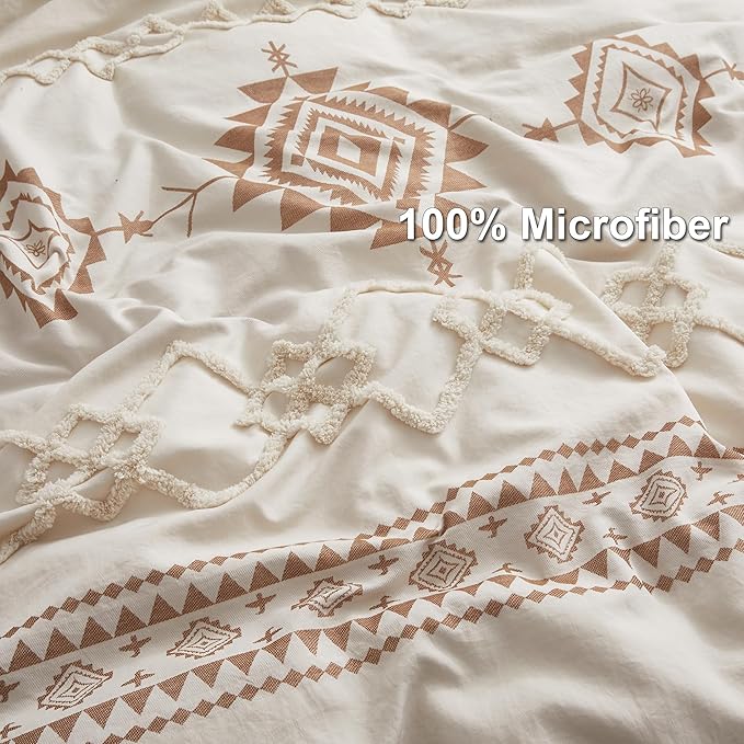 Oli Anderson Boho Duvet Cover Set Queen Size, Beige and Terracotta Color Clash 3 Pieces Microfiber Bedding Set, Durable and Super Soft Duvet Covers with Zipper and Ties, 90"*90"