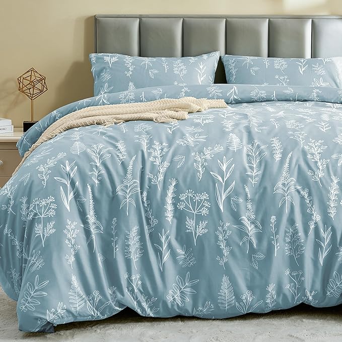 MUXHOMO Duvet Cover King Size, Reversible Floral Mineral Blue Duvet Cover Set with Zipper Closure, 3 Pieces Botanical Patterns Soft Microfiber Bedding Set (90"x104", 2 Pillow Cases 20"×36")