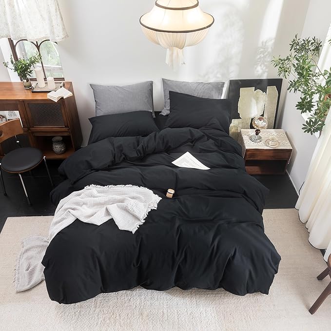 FOSSA Duvet Cover Set 100% Washed Cotton Linen Feel Super Soft Breathable Cozy 3 Pieces Bedding Sets Solid Black Oversized Queen