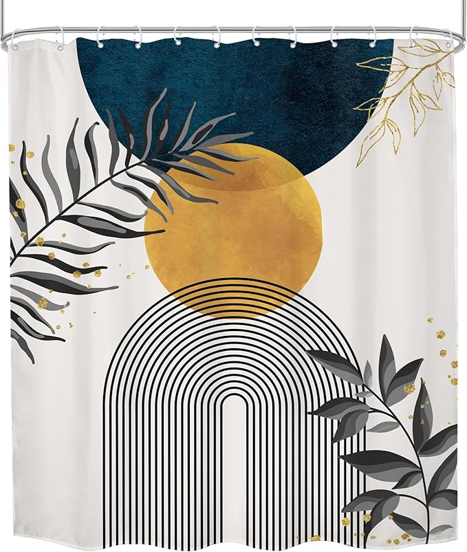Navy Blue Boho Shower Curtain 60Wx72H Modern Bohemian Mid Century Abstract Gold Leaves Minimalist Geometric Plant Bathroom Decor Neutral Botanical Bath Curtain Fabric Polyester 12 Pack Hooks