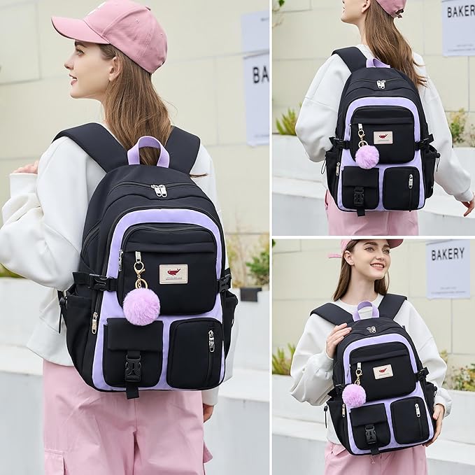 Laptop Backpack 15.6 Inch Kids Elementary Middle High School Bag College Backpacks Anti Theft Travel Back Pack Large Bookbags for Teens Girls Women Students (Black Purple)