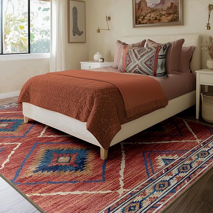 Area Rug 6x9 Rug Machine Washable Non-Slip Low Pile Print Pattern Western Rug for Living Room Bedroom Entryway Tribal Series -Red/Orange
