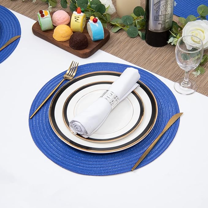SHACOS Round Placemats Set of 6 Washable 15 inch Round Table Mats Cotton Polyester Woven Braided Place Mats for Dining Table (Blue, 6)