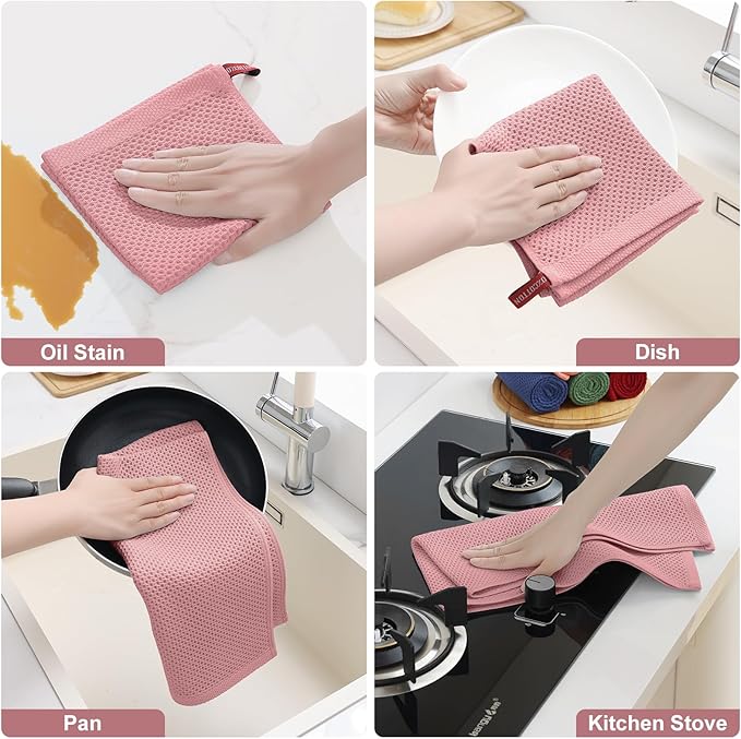 Homaxy 100% Cotton Kitchen Towels and Dishcloths Set, 12 x 12 Inches and 13 x 28 Inches, Set of 8 Bulk Kitchen Towels Set, Ultra Soft Absorbent Dish Cloths for Washing Dishes, Dried Rose