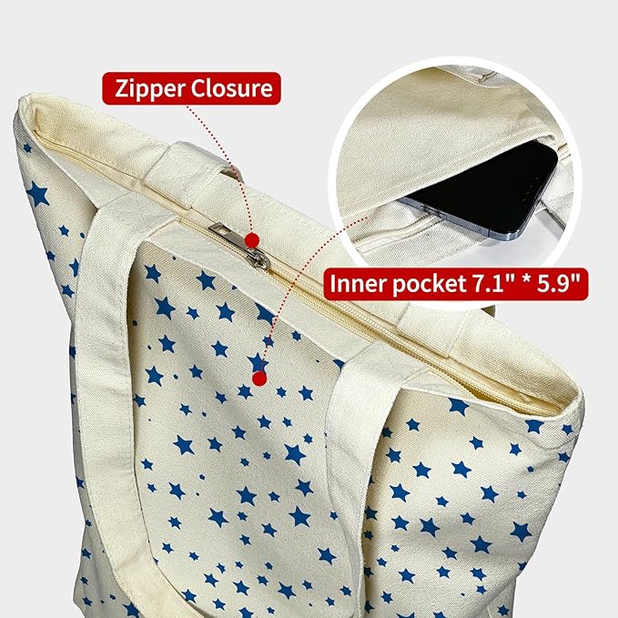 Tote Bag for Women, Reusable Zippered Canvas Bag with Handles Pocket Thick Canvas, for Grocery Shopping Beach Gift