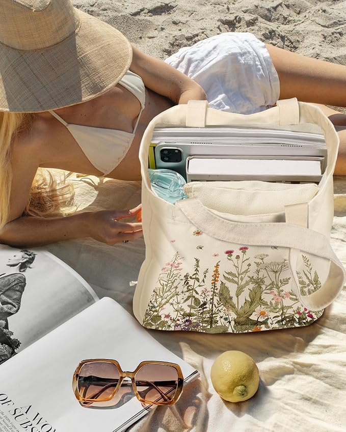 Aesthetic 2 Pack Canvas Tote Bag - with Makeup Zipper Pouch for Women Bag for Shopping, Gym, Travel, Vacation