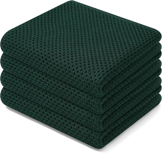 Homaxy 100% Cotton Waffle Weave Kitchen Dish Towels, Ultra Soft Absorbent Quick Drying Cleaning Towel, 13 x 28 Inches, 4-Pack, Blackish Green