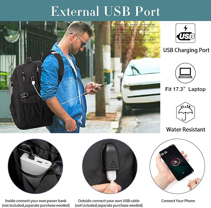 Extra Large Backpack for Men 50L,17inch Travel Backpack with USB Charging Port,TSA Big Business Anti Theft Durable Laptops Backpack,Water Resistant College Padded Computer Bag Gifts for Men Women,Grey