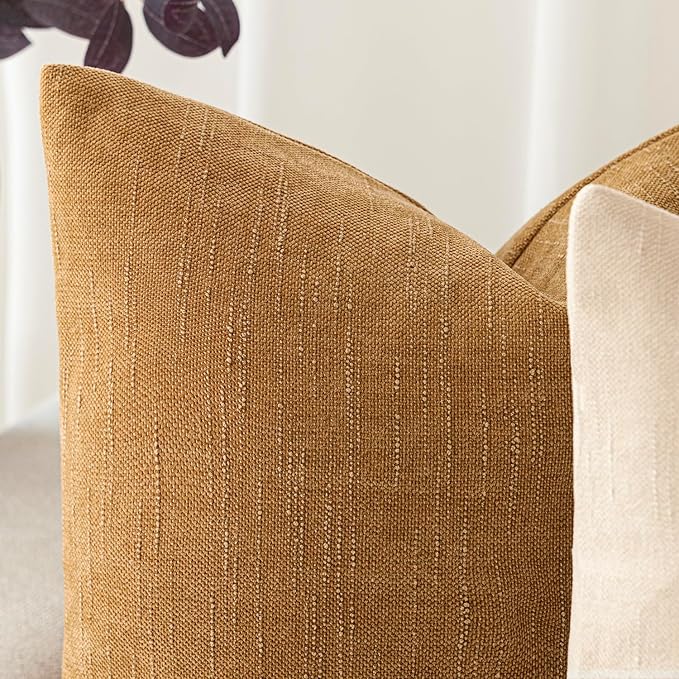 Foindtower Set of 2 Textured Chenille Throw Decorative Pillow Covers Square Accent Solid Cushion Cover Neutral Farmhouse Lumbar Pillow Case for Couch Sofa Bedroom Living Room 12x20 Inch,Golden Brown