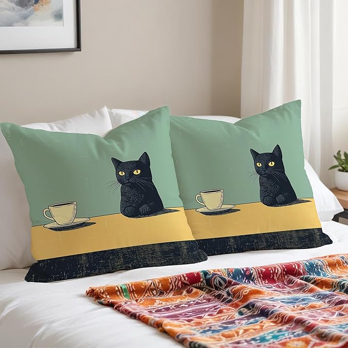 Black Cat Throw Pillow Covers 18x18, Vintage Black Cat Art Painting Decor Pillow Covers, Cats Lovers Mom Grandma Gifts, Aesthetic Cats Drinking Coffee Decor for Room Bedroom