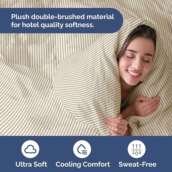 Duvet Cover Queen Size Set - Extra Soft Queen Size Duvet Cover 90 x 90 with 2 Pillow Shams - Hotel Luxury Easy Care & Fade Free w/Zipper Closures & Ties - Comfy Breathable Bedding Set (Beige Stripes)