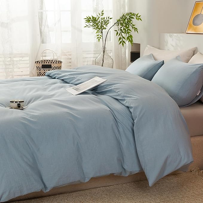 ECOCOTT Haze Blue Duvet Cover King Size, 3 Piece 100% Washed Cotton 1 Duvet Cover with Zipper and 2 Pillowcases, Ultra Soft and Easy Care Breathable Cozy Bedding Set (Haze Blue,King)