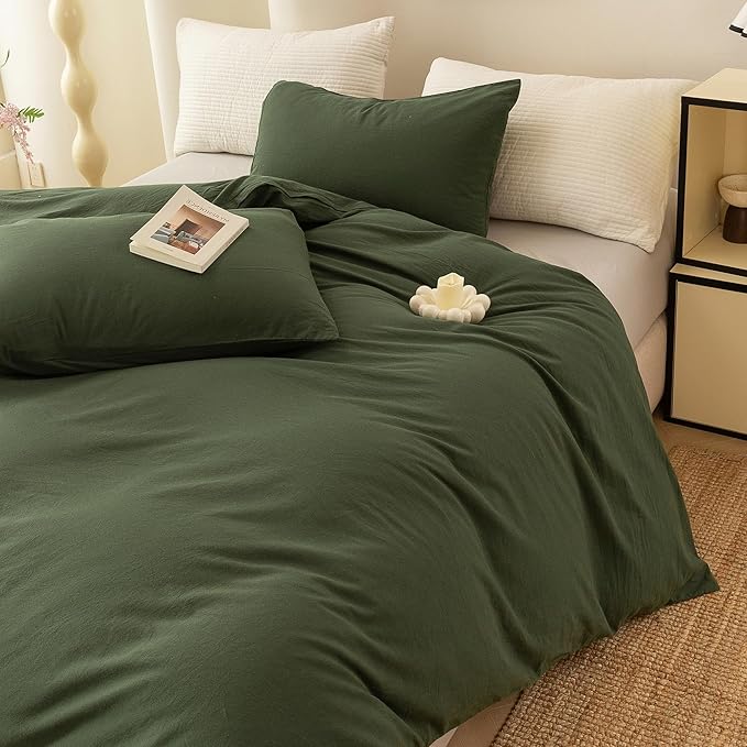 ECOCOTT Army Green Duvet Cover California King Size - 100% Washed Cotton Durable Soft Comfy Duvet Cover Set, 3 Pieces Duvet Cover with Zipper Closure (Army Green, 104''x98'')