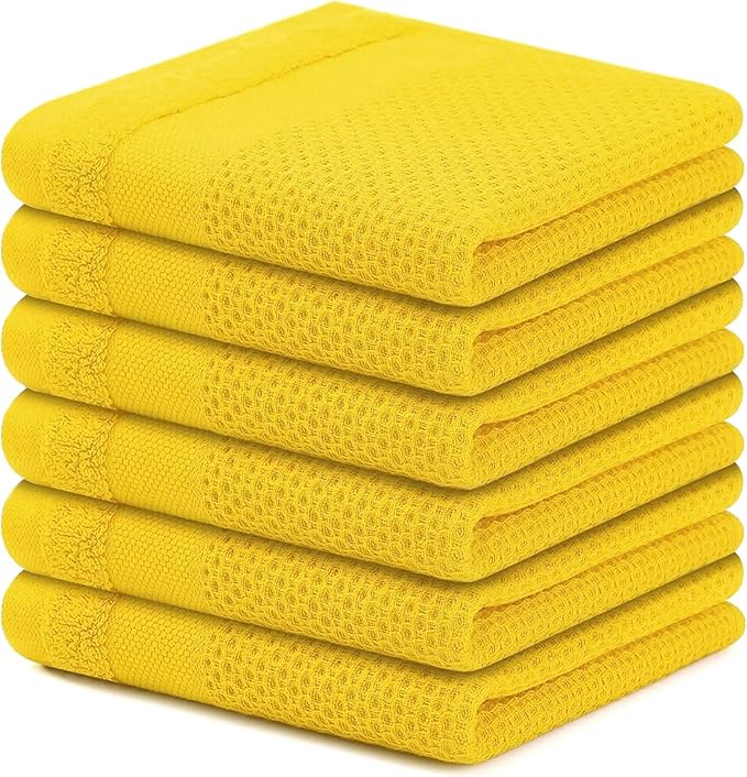 Homaxy 100% Cotton Dish Cloths, 6 Pack - 12 x 12 Inches, Waffle Weave Super Soft and Absorbent Dish Towels Quick Drying Dishcloths, Yellow