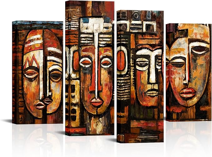 KREATIVE ARTS 4 Panel African American Wall Art Masks Tribal Ethnic Canvas Prints Vintage Poster Pictures Artwork Black Art Paintings for Living Room Ready to Hang L48xH33Inches