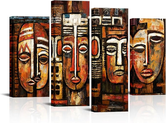 KREATIVE ARTS 4 Panel African American Wall Art Masks Tribal Ethnic Canvas Prints Vintage Poster Pictures Artwork Black Art Paintings for Living Room Ready to Hang L48xH33Inches