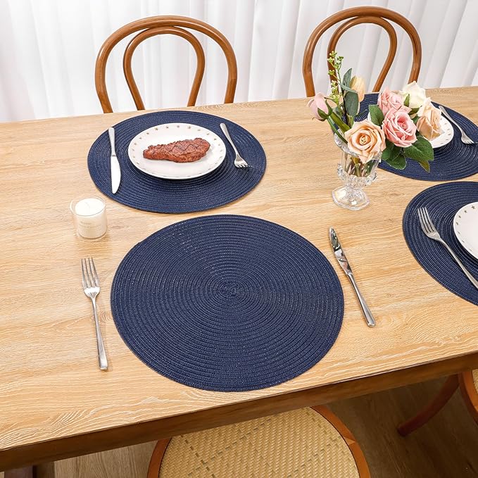 SHACOS 15 inch Navy Blue Round Placemats Set of 12 for Dining Table Woven Braided Circle Place Mats Kitchen Placemat Washable Table Mats