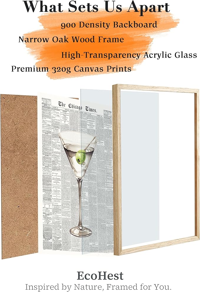 EcoHest Small Trendy Newspaper Martini Framed Wall Art, 8x10 in OAK Wood Retro Bar Cart Canvas Art, Magazine Aesthetic Apartment Art, Funky 70's Set of 1 for Bedroom Living Room