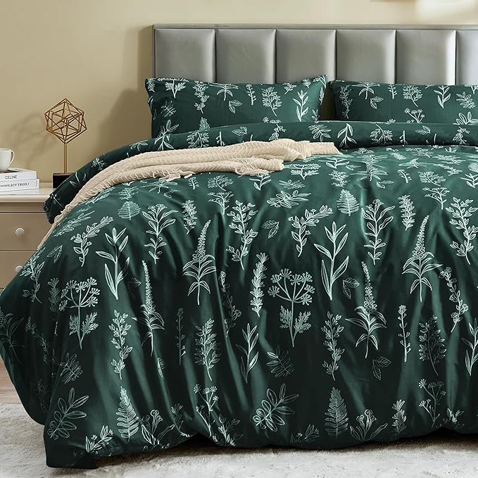 MUXHOMO Duvet Cover Full Size, Reversible Floral Forest Green Duvet Cover Set with Zipper Closure, 3 Pieces Botanical Patterns Soft Microfiber Bedding Set with 4 Ties (80"x90", 2 Pillow Cases)