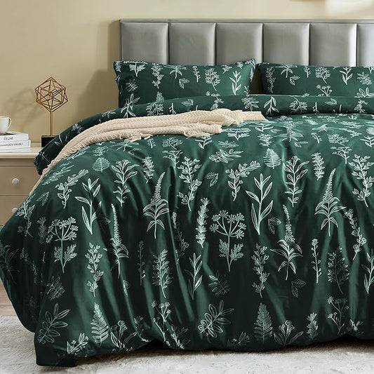 MUXHOMO Duvet Cover Full Size, Reversible Floral Forest Green Duvet Cover Set with Zipper Closure, 3 Pieces Botanical Patterns Soft Microfiber Bedding Set with 4 Ties (80"x90", 2 Pillow Cases)