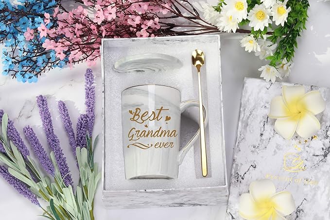 Best Grandma Ever Mug Coffee Gifts Birthday Mothers Day for from Granddaughter Grandson Grandchildren Grandkids 14 Ounce Gift Box with Spoon and Mat Gray