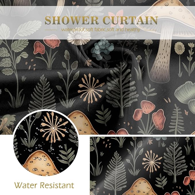 Aimego Extra Long Shower Curtains - Boho Mushroom Vintage Floral Plants Flowers Fairy Nature Botanical Fabric Cloth Shower Curtain Set with 12 Hooks Bathroom Decor Bathtub Curtain, 72"x84" Black