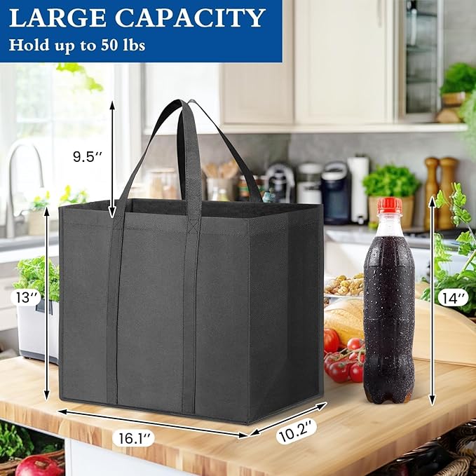 WISELIFE Reusable Grocery Shopping Bags 10 Pack Large Foldable Tote Bags Bulk, Long Handle for Shopping Groceries Clothes (Dark Grey & Black)