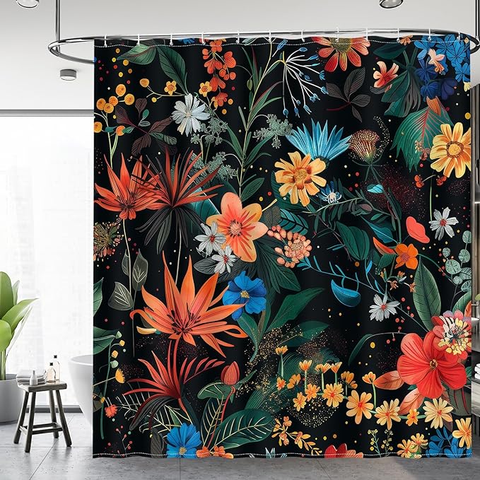 Aimego Black Floral Shower Curtain - Dark Vintage Flower Plants Boho Chic Colorful Botanical Leaves Fabric Cloth Bath Shower Curtain Set with 12 Hooks for Bathroom Decor Accessories, 72"x72"