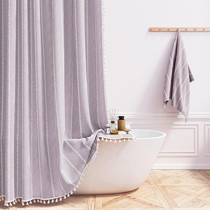 BTTN Stall Shower Curtain - 60x72 Narrow Boho Farmhouse Linen Vintage Striped Fabric Shower Curtain Set with 10 Hooks, Bohemian Cottage Decorative Weighted Cloth Shower Curtain for Bathroom - Lavender