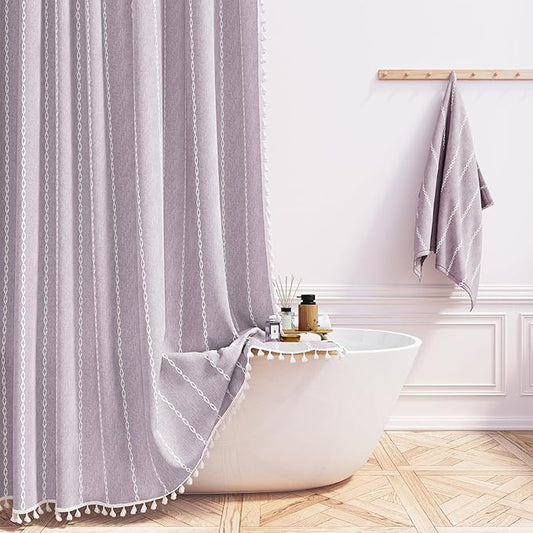 BTTN Stall Shower Curtain - 60x72 Narrow Boho Farmhouse Linen Vintage Striped Fabric Shower Curtain Set with 10 Hooks, Bohemian Cottage Decorative Weighted Cloth Shower Curtain for Bathroom - Lavender