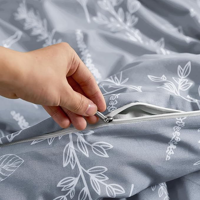 MUXHOMO Duvet Cover Full Size, Reversible Floral Grey Duvet Cover Set with Zipper Closure, 3 Pieces Botanical Patterns Soft Microfiber Bedding Set with 4 Ties (80"x90", 2 Pillow Cases)