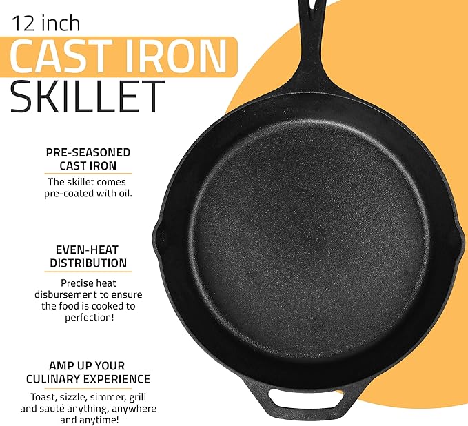 Utopia Kitchen Cast Iron Frying Pan 12 Inch, Cast Iron Chefs Pan, Pre Seasoned Skillet, Safe Grill Cookware for Indoor & Outdoor Use, Black