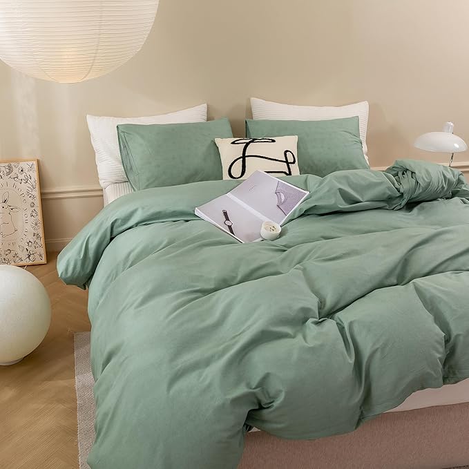 ECOCOTT Duvet Cover Set, 100% Washed Cotton Linen-Like Textured Soft & Breathable, Durable Comfy Bedding Set for All Seasons (Mint Green, Queen)
