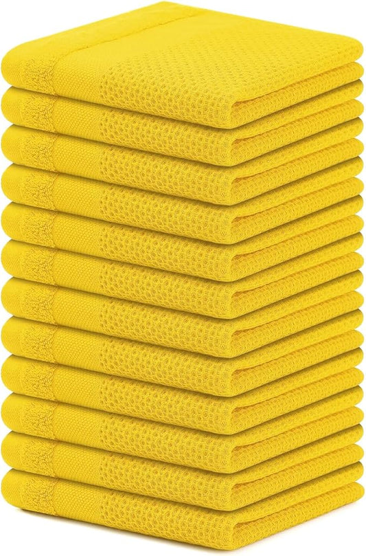 Homaxy 100% Cotton Dish Cloths, 12 Pack - 12 x 12 Inches, Waffle Weave Super Soft and Absorbent Dish Towels Quick Drying Dishcloths, Yellow
