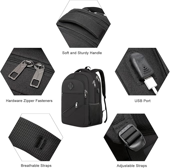 Backpack for Men and Women, School Backpacks for Teen Boys Girls, Water Resistant Sturdy Anti Theft Travel Laptop Backpack, Black Student Bookbag Fits 15.6 Inch Laptop with USB Charging Port, Gifts