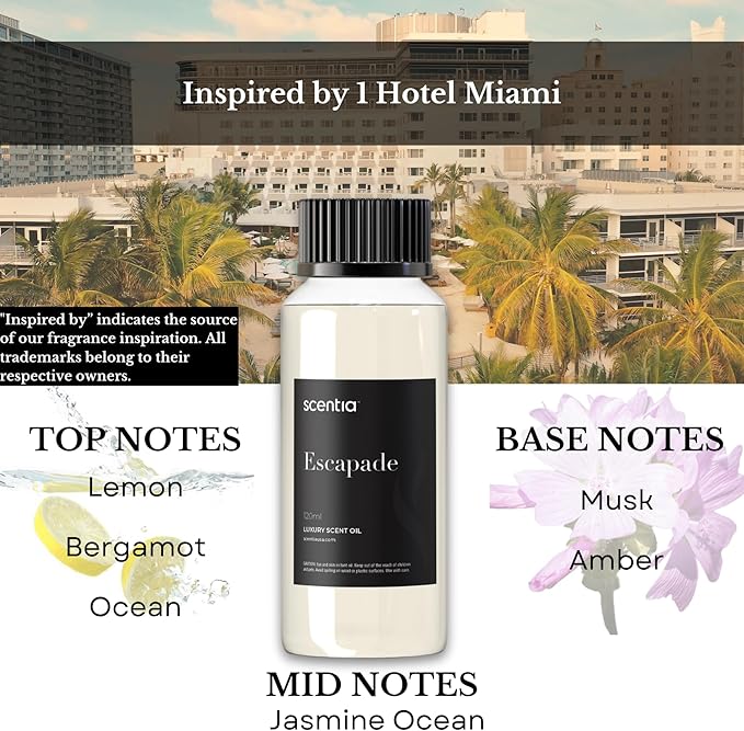 Hotel Diffuser Oil Inspired by The Ritz Carlton Hotel Scent - 120 mL 4.06 fl oz - Essential Oil Blend Botanical Jasmine, Bergamot & Fresh Marine Notes for Aromatherapy Diffusers - Escapade