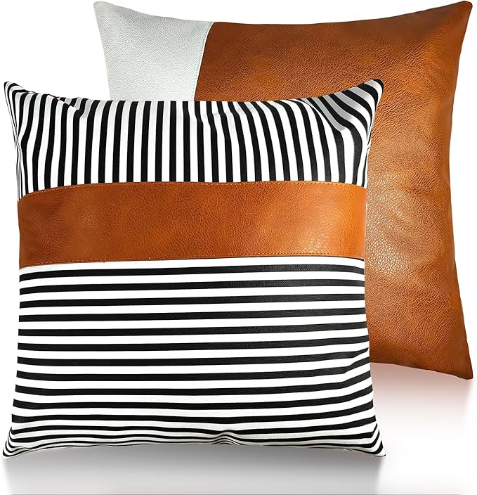 Faux Leather Throw Pillow Cover 18X18 Inch Set of 2 Brown Outdoor Modern Farmhouse Solid Decorative Pillow Covers for Room Couch Living Bedroom Bed Sofa