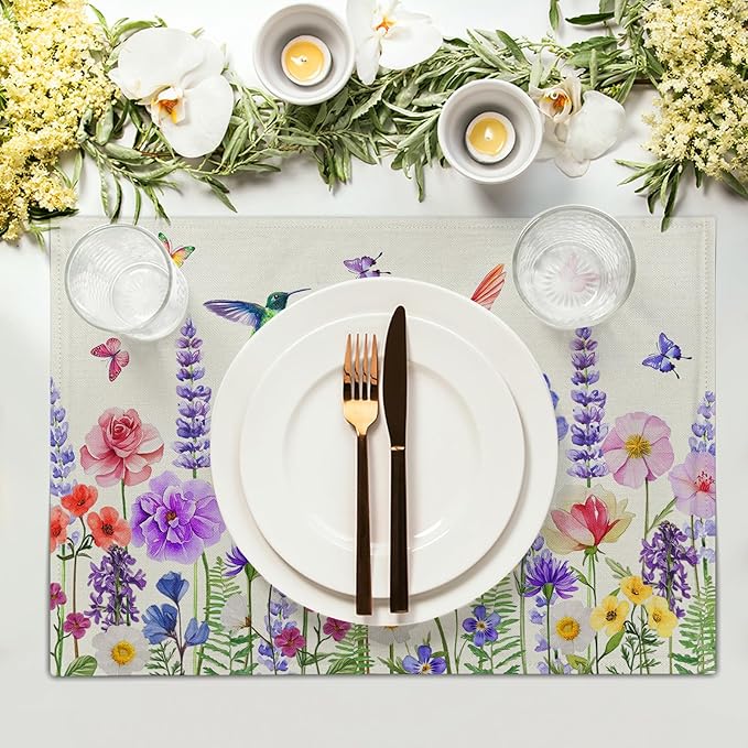 Giwawa Hummingbird Flower Placemats Set of 4, 12"x18" Watercolor Spring Herb Floral Table Mats, Wildflower Botanical Stain Resistant Washable Linen Place Mat for Kitchen Dining Party Decor