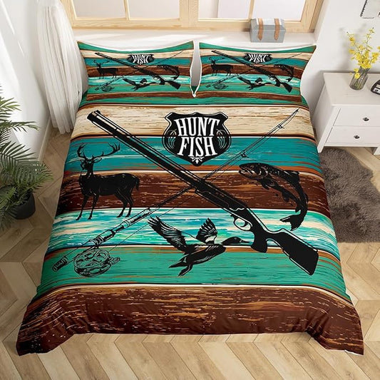 Castle Fairy Wild Animal Hunting Comforter Cover,Hunt Fish Themed Retro Duvet Cover for Girls Teens Bedroom Gift,Farmhouse Rustic Wooden Board Comforter Cover Decorative with 2 Pillowcases, Full Size