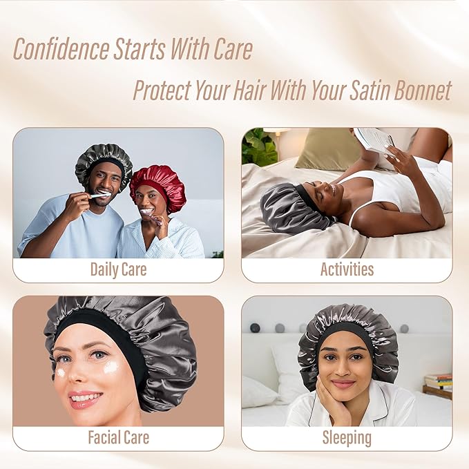 Satin Bonnet Adjustable Sleeping Silk Bonnet Black Women Men Double Layer Satin Silk Sleep Cap Hair Wrap Large Curly Hair